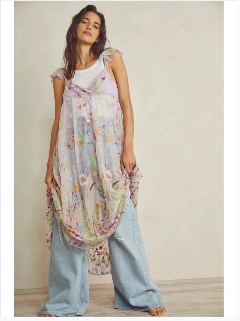 Free People Intimately Daphne Floral Embroidered Slip Dress Sheer Purple XS - L